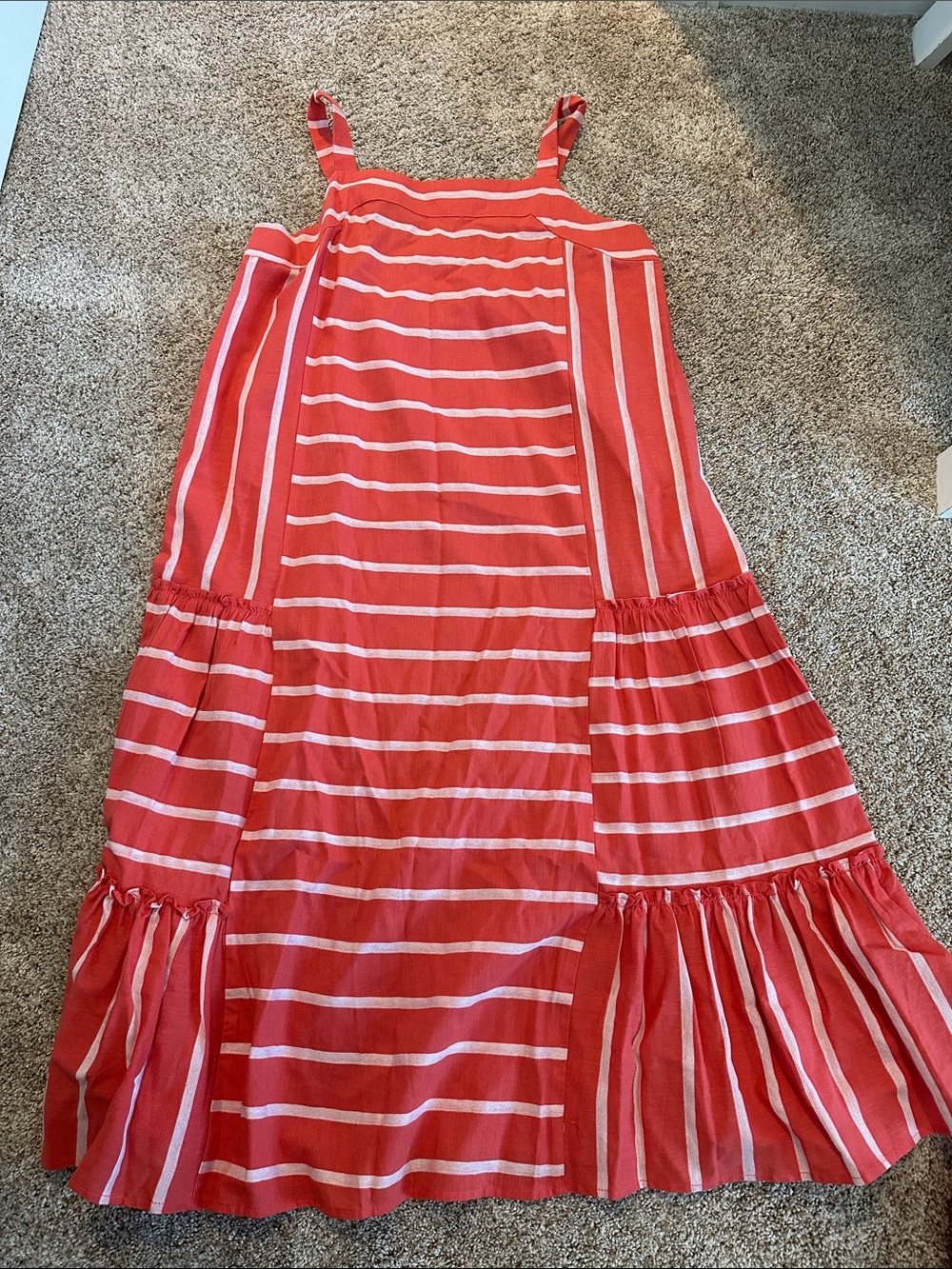Coral and White Striped Midi Dress with Tiered Hem